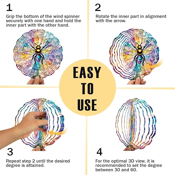 Bee Wind Spinner, 3D Hanging Stainless Steel Garden Spinner, Wind Spinner Hanging for Outdoor & Indoor Décor, Unique Gifts for Yard Garden Decoration or Patio Décor (Bee)