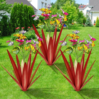 TOMBABY Garden Outdoor Butterfly Enlarge Thickened Wind Resistant Metal Agave Garden Art Metal Plant Country Sculpture Statue Decorations Ornaments Artificial Waterproof Butterflies(red 3pcs)