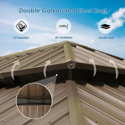 Domi 12' x 20' Hardtop Gazebo Permanent Metal Gazebo with Galvanized Steel Double Roof, Curtains and Netting for Party, Wedding, Outdoor Dining, Patio, Backyard, Brown