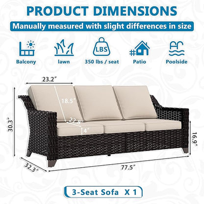 Vista Vibe 78" Patio Wicker 3-seat Sofa, Deep Seat & Upholstered Loveseat, Outdoor All-Weather Rattan Couch with Removable Cushions, Steel Frame Couch for Garden, Poolside (Brown/Beige)