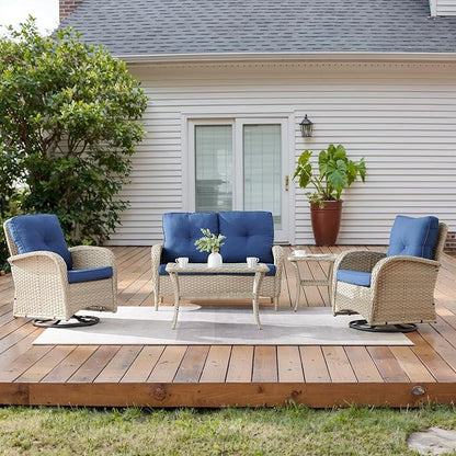 2 in 1 Porch Glider Swivel Chair - Wicker Patio Furniture Outdoor Swivel Rocker Chair with Thick Cushion, 300 Lb Weight Capacity Patio Swivel Glider Seating - Light Beige Wicker Blue Cushion