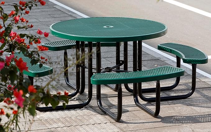 8-Person Picnic Tables for Outdoors, Industrial 46" Expanded Metal Round Picnic Table with 4 Benches & Umbrella Hole, Outside Table and Bench Set for Park, Garden, Backyard, Patio, Green