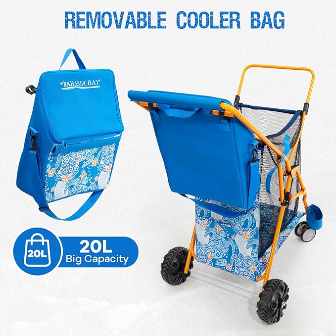 Old Bahama Bay Beach Cart with Large Wheels for Sand, Wide Wheelbase Beach Wagon with Insulated Cooler Bag, Body Board and Umbrella Holder | 100lb Capacity