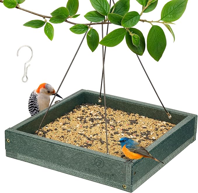 Kingsyard Platform Mealworm Bird Feeder for Outside, Recycled Plastic Hanging Tray Bird Feeders with Large Capacity 3.5 lbs, Premium Quality & Durable, Great for Attracting Wild Birds, Green