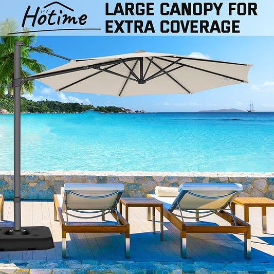 Hotime 10ft Patio Umbrella Outdoor Patio Windproof and Height adjustable, Heavy Duty Aluminum Round Offset Patio Umbrella Cantilever Pool Umbrella with 360°Rotation for Garden Deck Pool, Beige