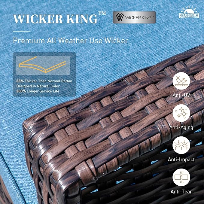 Patio Wicker Swivel Chairs Set of 2, Outdoor High Back Chairs with 5.5" Waterproof Cushions and Side Table, Outdoor Furniture Set for Deck Porch and Yard, Peacock Blue