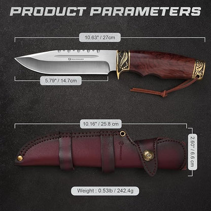 Fixed Blade Hunting Knife with Horizontal Leather Sheath YU-LN, 10.63" Bushcraft Knife for Men with Wood Handle, Gift for Men