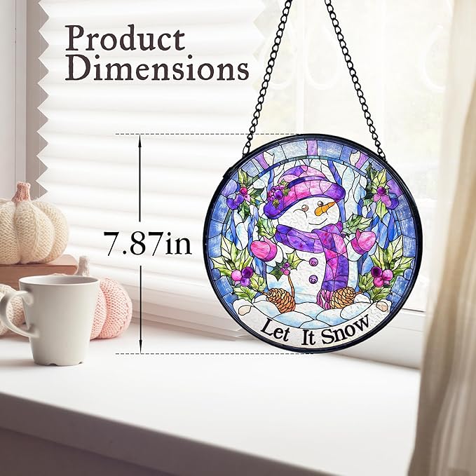 kdqua Christmas Snowman Suncatcher Stained Glass Window Hanging, Let It Snow Winter Snowman Sun Catchers Indoor Window Glass Round Wall Decor, Christmas Wall Art Hanging Decorations Statues, 7.9x7.9in