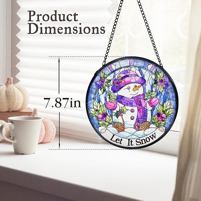 kdqua Christmas Snowman Suncatcher Stained Glass Window Hanging, Let It Snow Winter Snowman Sun Catchers Indoor Window Glass Round Wall Decor, Christmas Wall Art Hanging Decorations Statues, 7.9x7.9in