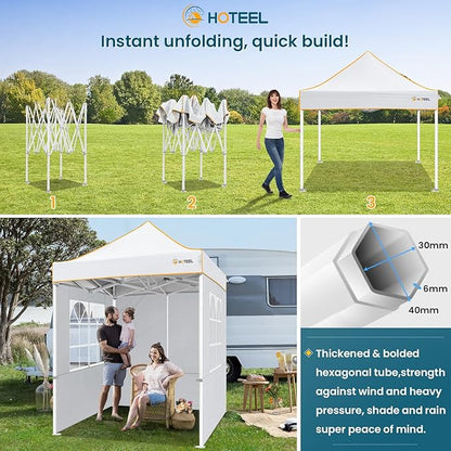 Hoteel 6.6 x 6.6 Pop up Canopy,Easy Up Heavy Duty Canopy with 4 Sidewalls,Upgrade Hexagonal Tube UPF50+ 1500mm Waterproof,Outdoor Canopy Tent with Carry Bag for Commercial Events,Beach,Camping,White