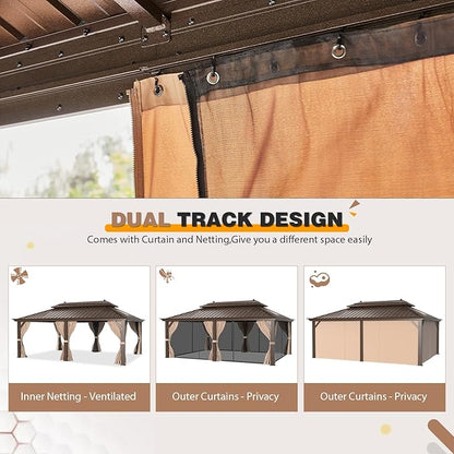 EROMMY 12' x 20' Gazebo Hardtop Double Roof Galvanized Steel Canopy with Netting and Curtains Outdoor Aluminum Frame Permanent Metal Pavilion for Patio Backyard Deck and Lawns