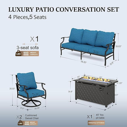 HERA'S HOUSE 4 Pieces Patio Furniture Set with Fire Pit Table, 2 x Swivel Cushioned Chair, 3-Seat Sofa with 45" Fire Pit Table, Outdoor Conversation Set for Garden Poolside Backyard, Pacific Blue