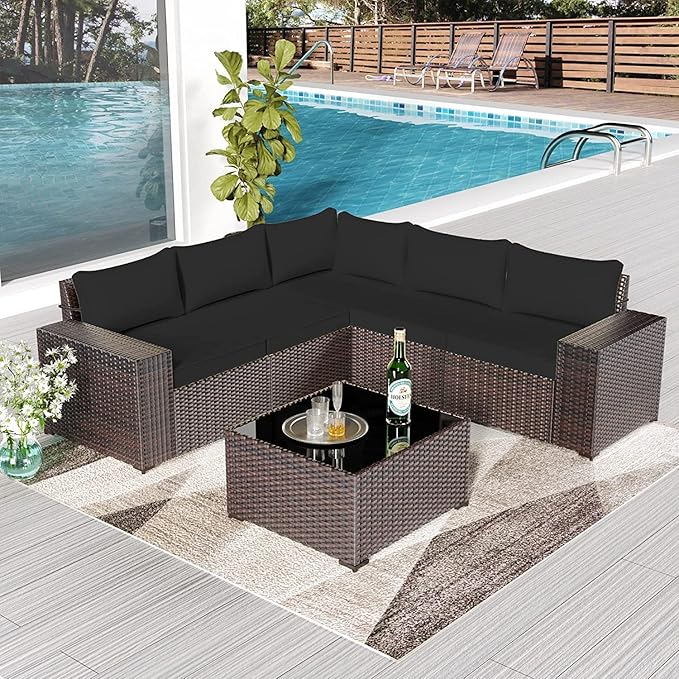 Outdoor Patio Furniture Set, 6 PCS Outdoor Furniture All Weather Patio Sectional Sofa PE Wicker Modular Conversation Sets with Coffee Table,5 Chairs & Seat Clips Black