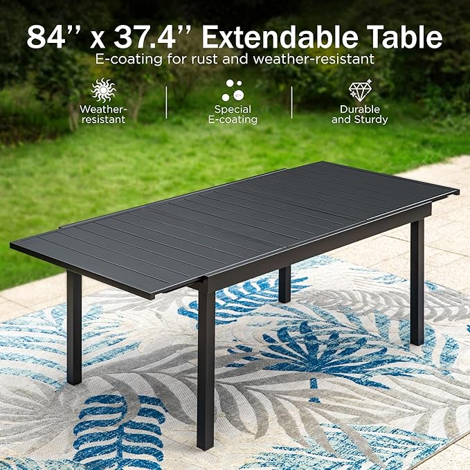 PHI VILLA 9 Piece Outdoor Dining Set, All Weather Furniture Patio Table and Chairs for 8 with Adjustable Lightweight Patio Folding Dining Chairs (Grey) & Extendable Metal Table for Garden, Yard