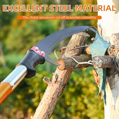 27FT Manual Pole Saw, Tree Branch Trimmer with 8-Section Fiberglass Handle, Sharp Steel Blade, Lightweight Extendable Design for High Branch Trimming, Orange