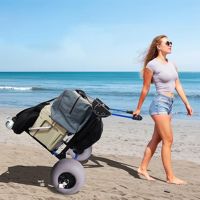 Beach Cart Foldable Fishing Trolley with 12 inch Balloon Wheels for Sand All-Terrain