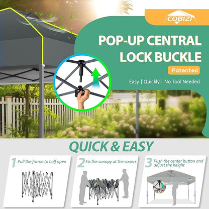 COBIZI Canopy 10x10 Pop Up Canopy Tent 1-Button Push Easy up Outdoor Canopy Instant Portable Commercial Shelter Waterproof UPF50+ Gazebo with Reflective Strip, Air Vent & 4 Sandbags,Grey