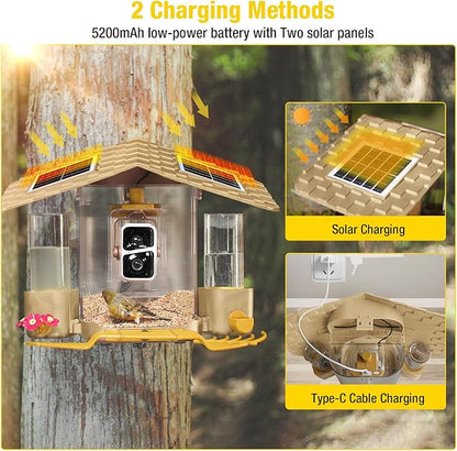 Aivituvin Bird Feeder Camera with AI Identification, Solar Powered, Wireless Hummingbird Feeder with Food, Water, Honey, Present for Bird Lovers