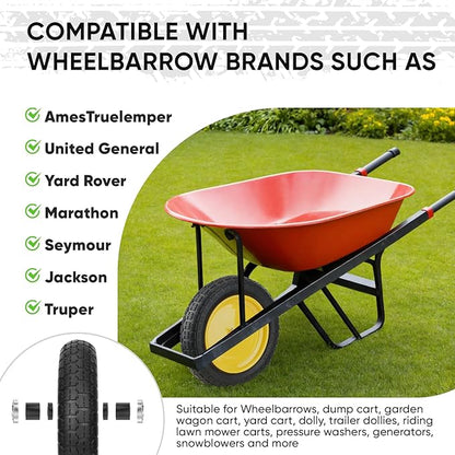 TICONN 4.80/4.00-8 Tire, 16" Flat Free Wheelbarrow Tire and Wheel, Solid Replacement Tires, 5/8" 3/4" Bearings, Universal Fit 4.80/4.00-8, 3.50/3.00-8, 4.00-6 (16" Yellow, 2PK)