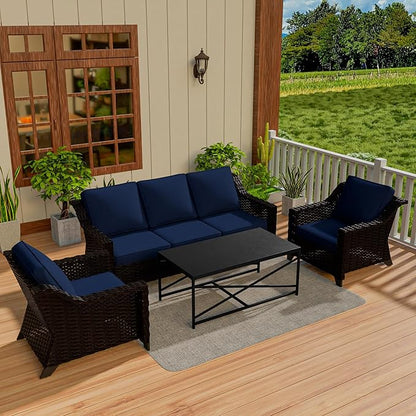 Vista Vibe 4 Pieces Outdoor Patio Conversation Furniture Set - 78" 3-seat Sofa | 2 Chairs | Metal Coffee Table, Deep Seat Loveseat, Removable Cushions, PE Rattan Couch, Lawn (Brown/Navy)