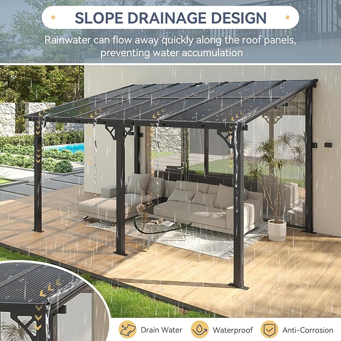 10x14FT Lean to Gazebo, Hardtop Metal Pergola with Polycarbonate Roof, Large Wall Mounted Heavy Duty Awnings, Patio Canopy for Backyard, Deck, Porch