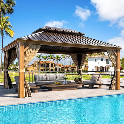 MELLCOM 12'x16' Wood Looking Hardtop Gazebo, Aluminum Frame and Galvanized Steel Double Roof, Metal Outdoor Gazebo with Curtains and Nettings for Deck Backyard and Patio