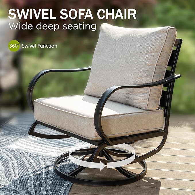 PHI VILLA 5 PCS Patio Furniture Set, Metal Outdoor Furniture Set with 1 x 3 Seater Deep Seating Bench, 2 x Swivel Sofa Chairs & 2 x Metal Cushioned Ottoman, Outdoor Patio Set for Garden