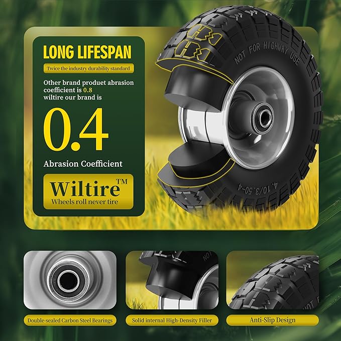 (2 Pack) 4.10/3.50-4 Flat Free Tire and Wheel 10-Inch Solid Wheel Replacement with 5/8 Bearings,2.2" Offset Hub -Compatible with Hand Truck,Wheelbarrow(Gray)