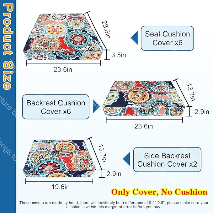 14 PCs Patio Cushion Covers for 7 PCs Outdoor Furniture Sectional Seating Sets Water Resistant Plus 2 Throw Pillows (Mandala, 23.6 * 23.6 * 3.5 in-14)