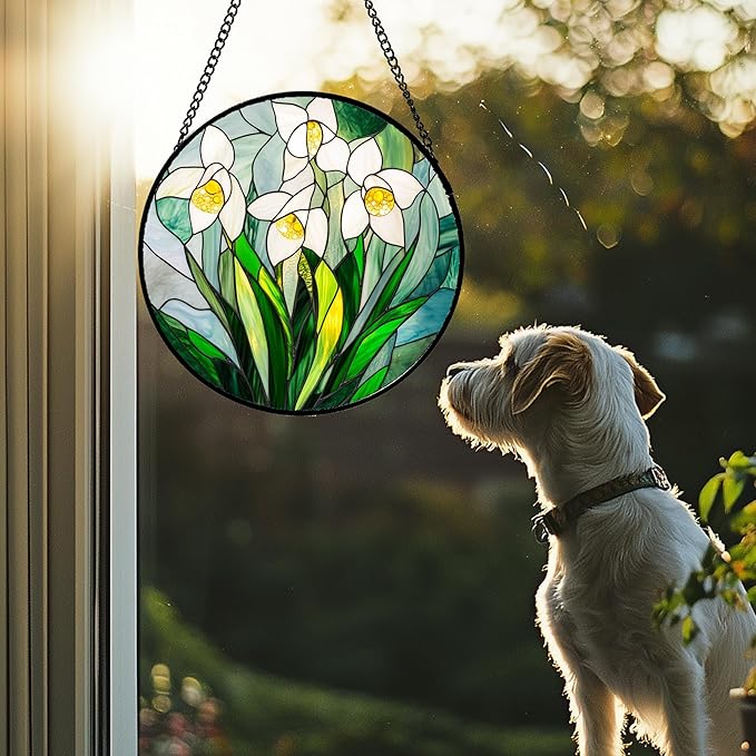 Stained Glass Window Hanging - White Snow Lotus Birth Flower Suncatcher for Doors Garden Patio Sun Catchers Decor Christmas Mother's Day Birthday Gifts for Women Men Mom Nana Friend 6.3 in