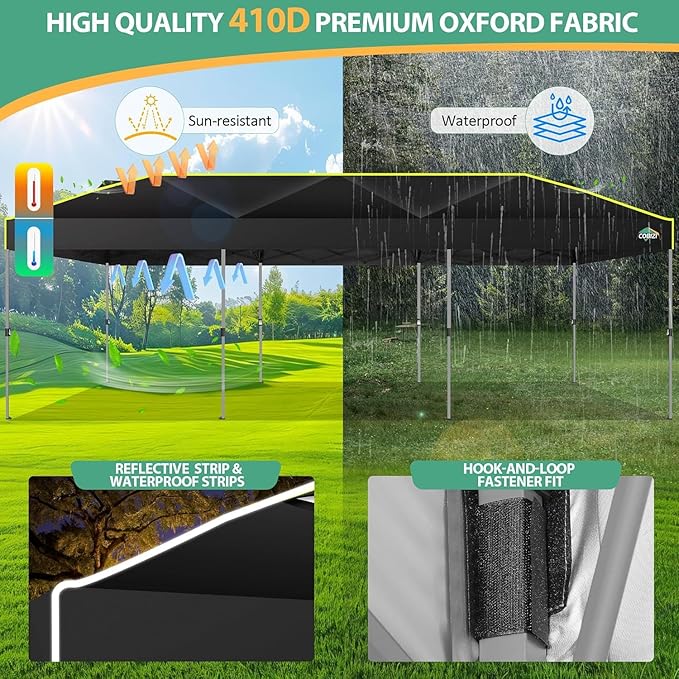 COBIZI 10x30 Pop Up Canopy with Air Vent Ez Pop Up Party 10x30 Canopies Tent Waterproof and UPF50+,Outdoor Canopy Tent for Parties Wedding Events,with Roller Bag, Sandbags, Black