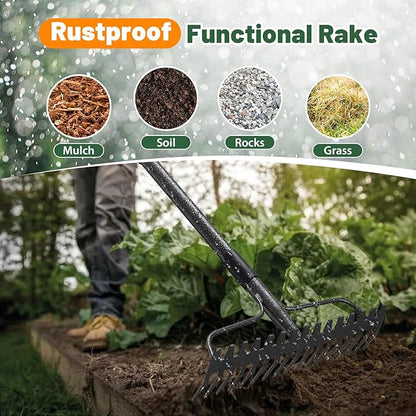 Garden Rake, 63 Inch Long Handle with 17 Tongs, Heavy Duty Metal Bow Rake for Loosening Leveling Soil, Garden Leaf Rake for Raking Leaves Grass , Weeding, Metal Yard Thatch Lawn Care Garden Tool