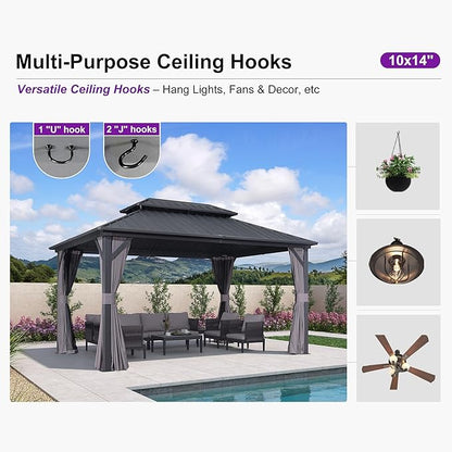 PURPLE LEAF 10'x14' Hardtop Gazebo with Lights Wind-Resistant Galvanized Steel Dual-Layer Double Roof Outdoor Patio Pavilion Including Netting and Privacy Curtains for Lawn Garden Backyard Grey