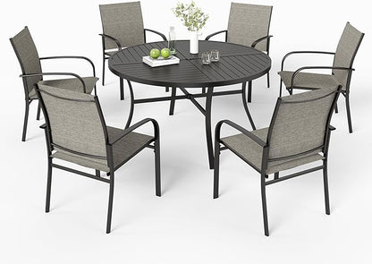 7 Pieces Outdoor Table and Chairs, Patio Dining Set for 6 Includes 54" Round Outdoor Table and 6 Patio Chair Set, Outdoor Dining Furniture Set for Lawn Backyard Deck, Brown