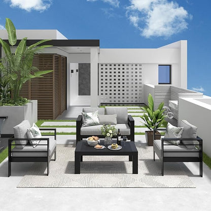 Solaste Outdoor Aluminum Furniture Set - 4 Pieces Patio Sectional Chat Sofa Conversation Set with Table,Black Frame and Grey Cushion