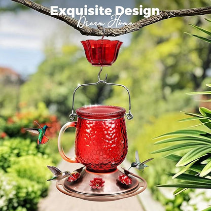 Kingsyard Glass Hummingbird Feeders for Outdoors, 16 Oz Wild Bird Feeder 6 Feeding Ports & Ant Moat Included, Hanging Bird Nectar Feeder Garden Red Décor Gifts for Mom, Red