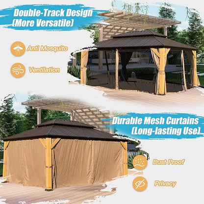 Domi 12' X 16' Wood Gazebo, Cedar Frame Hardtop Gazebo with Galvanized Steel Double Roof, Netting & Curtains, Patio Pergola Pavilion for Patio, Backyard, Deck, Lawns