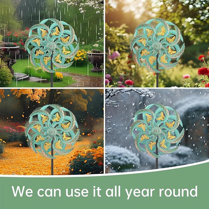 Metal Wind Spinner Outdoor, Golden Butterfly Kinetic Wind Sculpture Spinners with Metal Stake, Yard Art Decor for Patio, Lawn & Garden, Creative Gifts 57.5 * 13.4 Inch