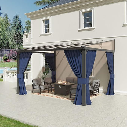 10’ x 12’ Gazebo for Patio,Wall Mounted Gazebo with Sloping Polycarbonate Roof,Aluminum Frame Outdoor pelgole w/Netting & Curtain for Garden,Deck,Backyard,NavyBlue