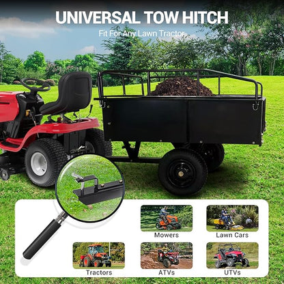 Heavy Duty Tow Behind Dump Cart - 900 Lb Capacity 15 Cu.Ft Steel Utility Trailer, Removable Sides, Foot-Operated Dump for ATVs, UTVs, Lawn Mowers, Garden Yard