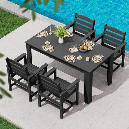 SERWALL Patio Dining Set for 4, Outdoor Dining Sets for 4 Person with 1 Umbrella Hole Cut-Out Rectangular Table and 4 Chairs, HDPE Dining Sets for Garden, Backyard, Poolside, Black