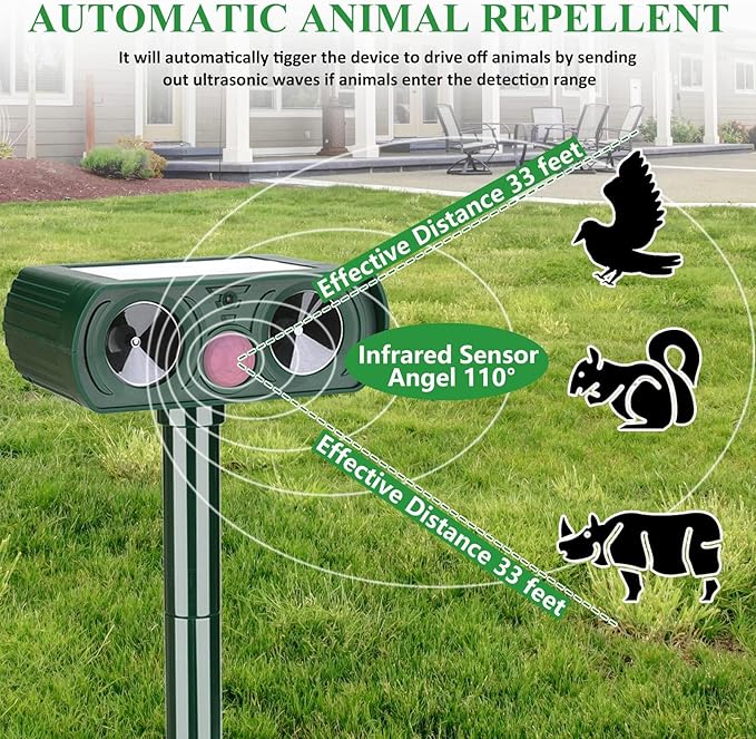 4 Pack Solar Ultrasonic Animal Repellent Outdoor Deer Repellent Cat Repellent Animal Raccoon Deterren Motion Detection Scare Squirrel, Rabbit Waterproof for Yard Farm Garden