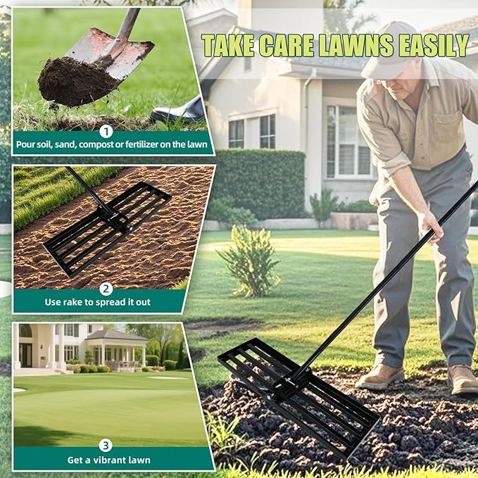 Lawn Leveling Rake 17 x 10 Inch Stainless Steel Heavy Duty Ground Leveler, Flipping-Resistant Smooth Edge, Adjustable Handle 28–60 Inches for Backyard Landscape, Garden, Golf Course, Farm, Pasture.