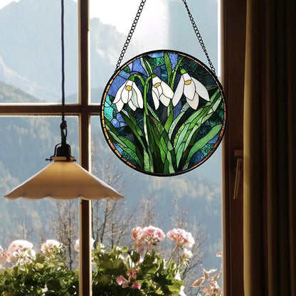 Stained Glass Window Hanging - Green Plants Birth Flowers Suncatcher for Doors Garden Patio Sun Catchers Decor Christmas Mother's Day Birthday Gifts for Women Men Mom Nana Friend 9.8 in