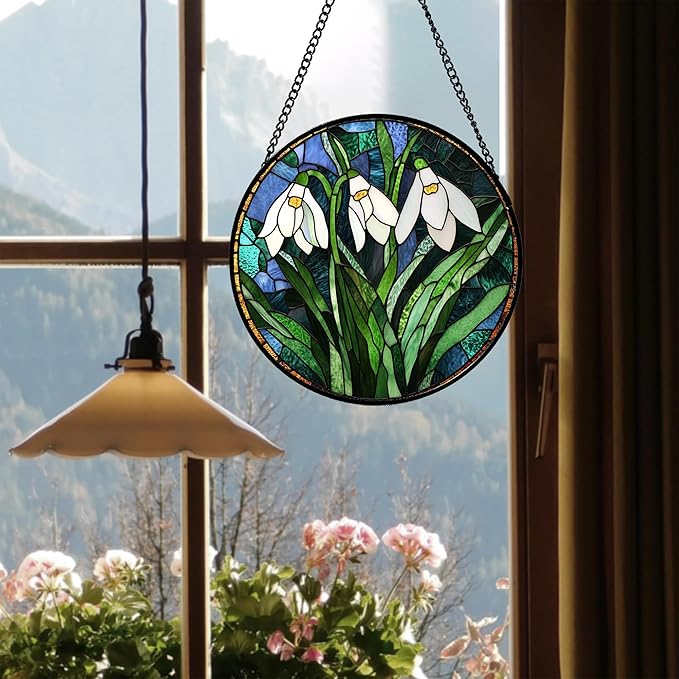 Stained Glass Window Hanging - Green Plants Birth Flowers Suncatcher for Doors Garden Patio Sun Catchers Decor Christmas Mother's Day Birthday Gifts for Women Men Mom Nana Friend 7.8 in