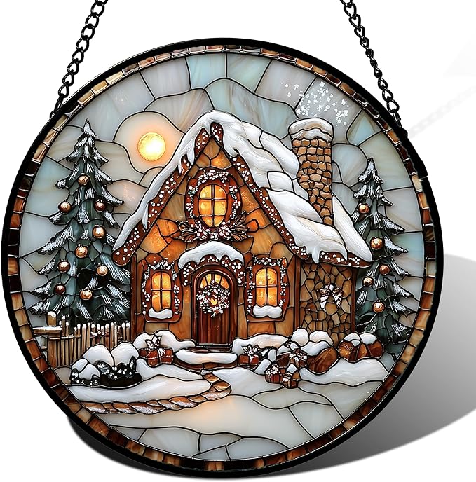 Stained Glass Window Hanging - Christmas Tree Cottage Sun Catcher for Door Garden Home Winter Decor Snowy Night Suncatcher Mother's Day Birthday Gifts for Women Men Mom Nana 6.3 in