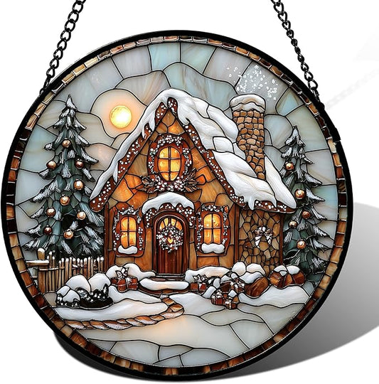 Stained Glass Window Hanging - Christmas Tree Cottage Sun Catcher for Door Garden Home Winter Decor Snowy Night Suncatcher Mother's Day Birthday Gifts for Women Men Mom Nana 7.8 in