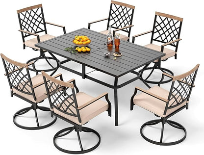 PHI VILLA Patio Dining Set of 7, 60" x 37" Metal Steel Outoor Dining Umbrella Table, 6 Swivel Chairs with Custion Patio Table Chair Set for Outdoor Garden Lawn Pool