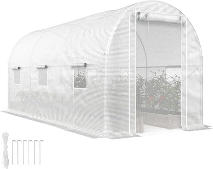 Outsunny 14.6'x6.5'x6.6' Hoop House Greenhouse with 2 Support Rods, Zippered Roll-up Mesh Door, Mesh Windows, Walk-in Tunnel Greenhouse with PE Cover, Galvanized Steel Frame, Outdoor Garden, White