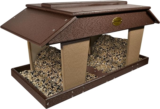 DutchCrafters Poly Post Mount Extra Large Double Hopper Bird Feeder, Outdoor Wild Bird Feeder for Outside, USA Amish Made (Brown & Weatherwood)